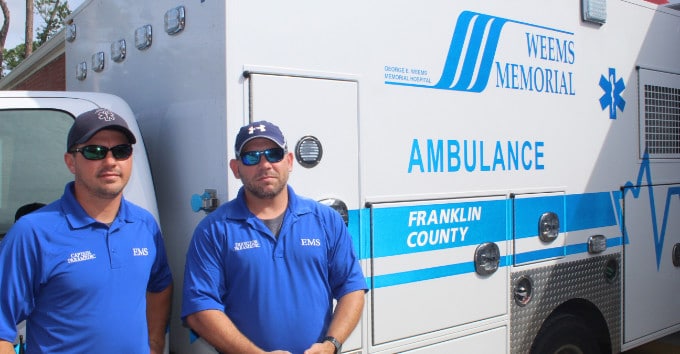 Two EMT workers in front of ambulance